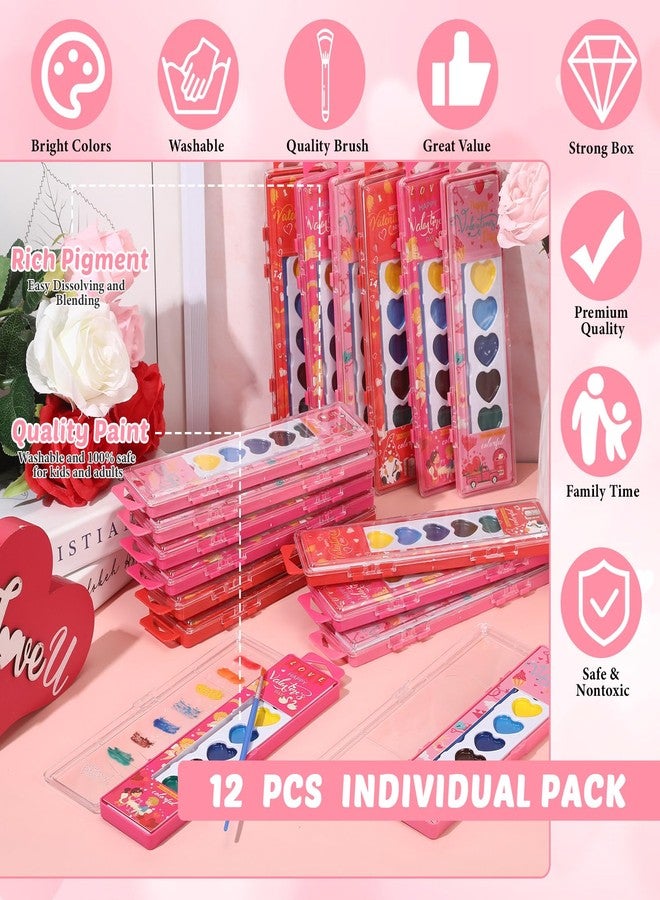 Watersay 12 Packs Valentines Heart Watercolor Paint Set 8 Washable Colors with Brushes Water Color Painting Kit Party Favor Valentines Gifts Painting Kit for Adult - Image 2